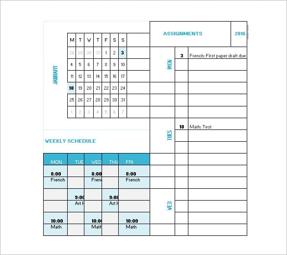 sample calendar college study schedule template free excel
