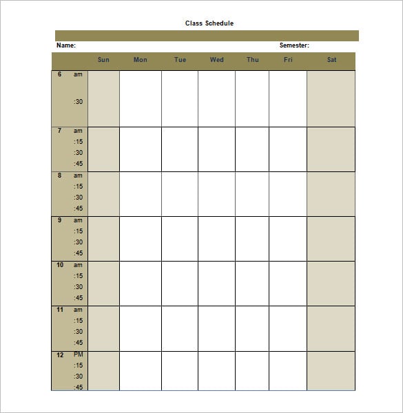 sample blank college schedule template word format