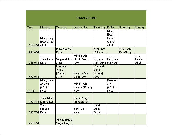 fitness workout schedule template free download example