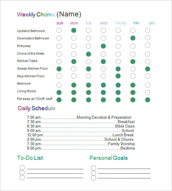 chore chart for kids template doc download