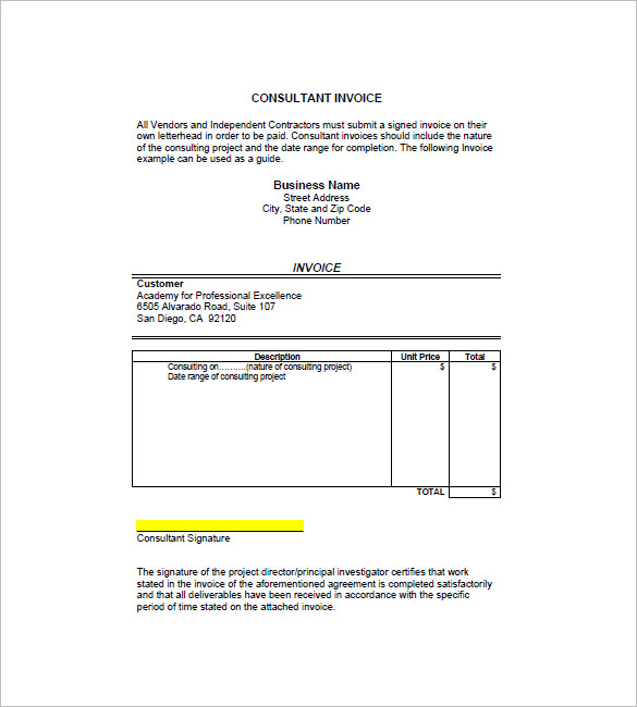 9  Consultant / Consulting Invoice Templates Free Word Excel PDF