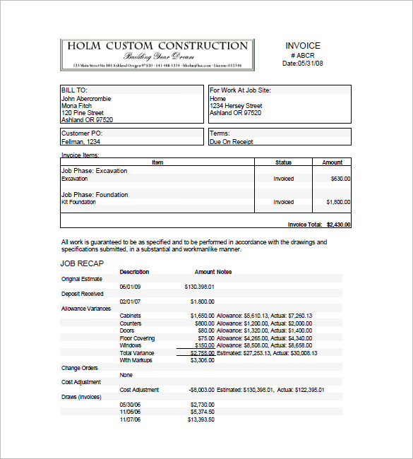 Construction Invoice Template Excel