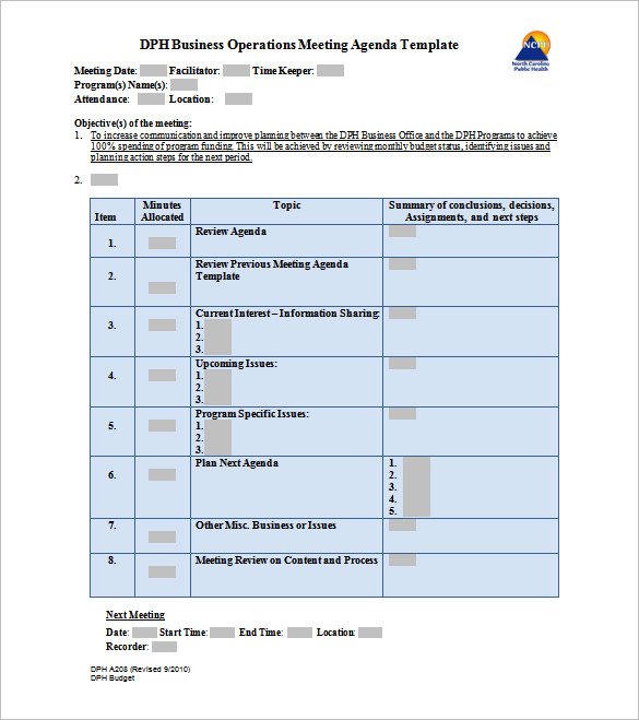 free business operations meeting schedule template