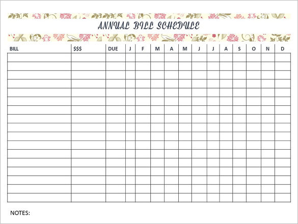 annual bill payment schedule template sample download