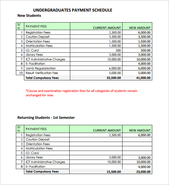 sample undergraduates payment schedule template pdf download