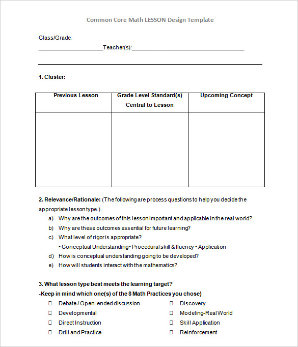 common core math lesson plan template