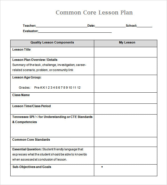 common core lesson plan template free download