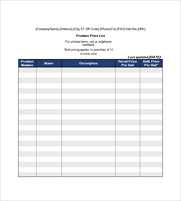 Price List Template 9+ Free Word, Excel, PDF Format Download