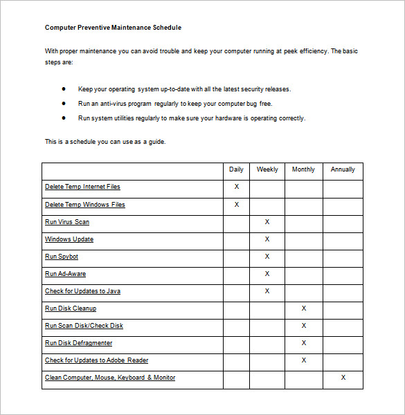 printable computer maintenance schedule template