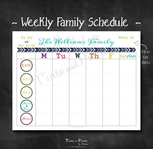 personalized weekly family schedule chore chart sample