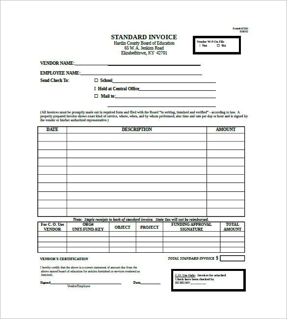 standard invoice for hardin county board of education