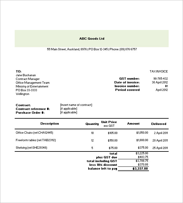 commercial tax invoice template excel