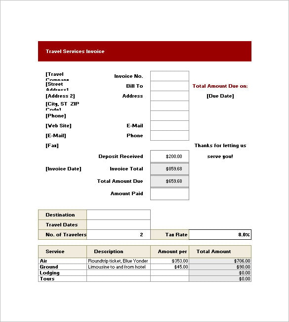 travel services invoice templates