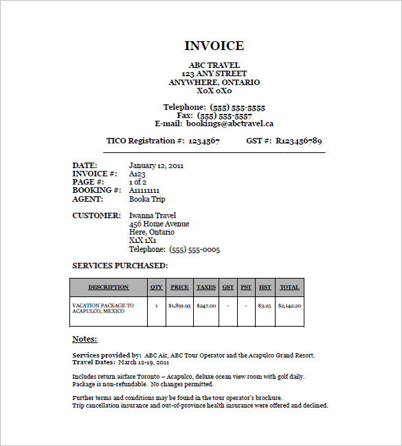 16+ Travel Invoice Templates - PDF, DOC, Excel  Free 