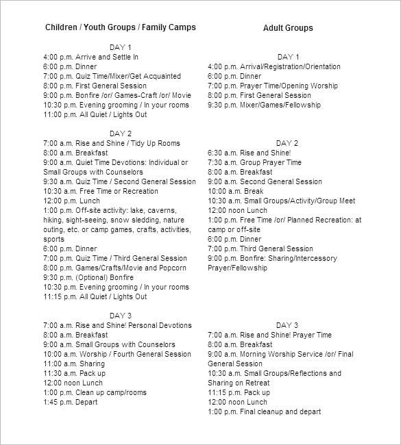 printable youth groups family camp schedule template