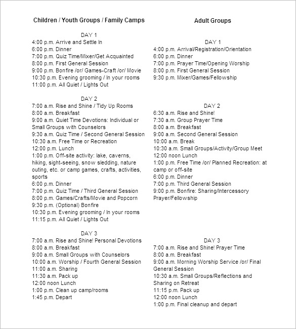9+ Camp Schedule Templates DOC, PDF