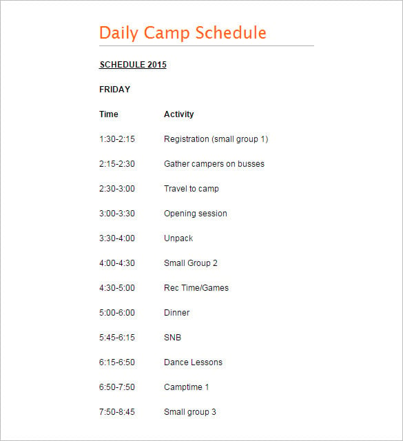 sample cowboy daily camp schedule template download