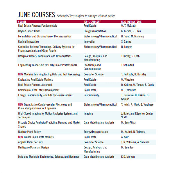 short program course schedule template free download
