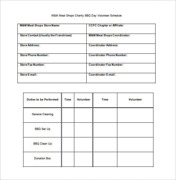 charity bbq day volunteer schedule template free word format