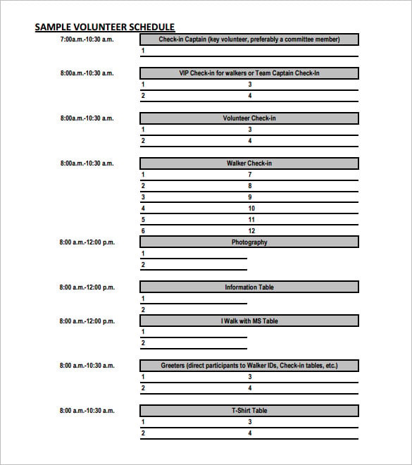 sample blank volunteer schedule template pdf format