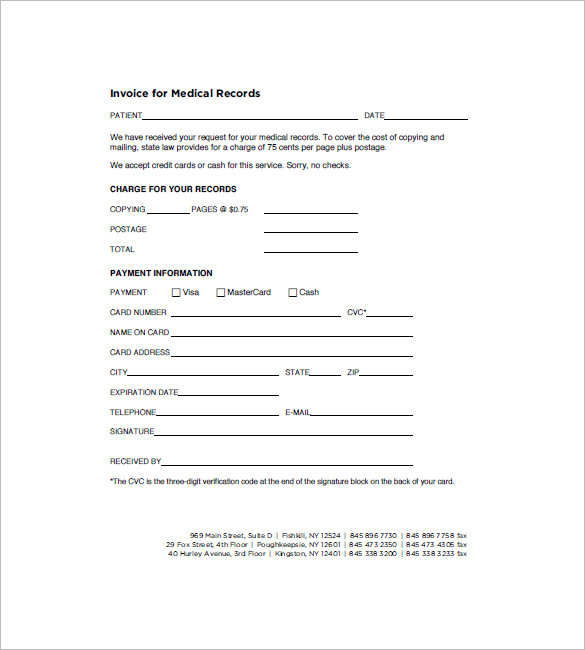 Printable Format Medical Records Fee Invoice Template Printable