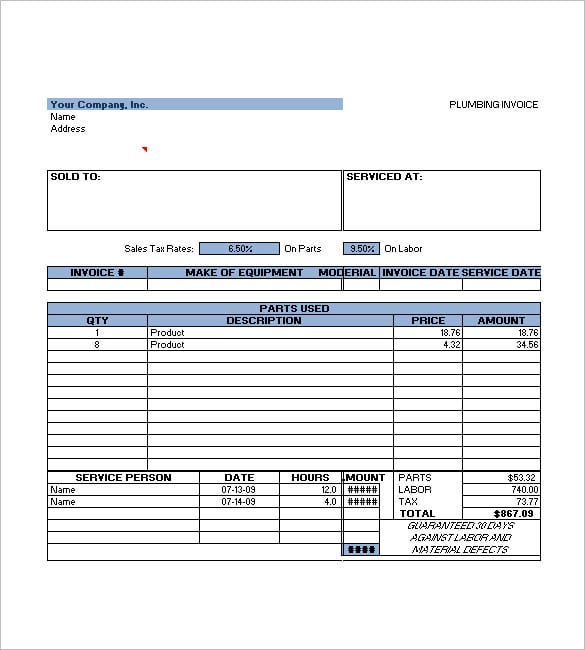 Parts And Labor Invoice Template Free