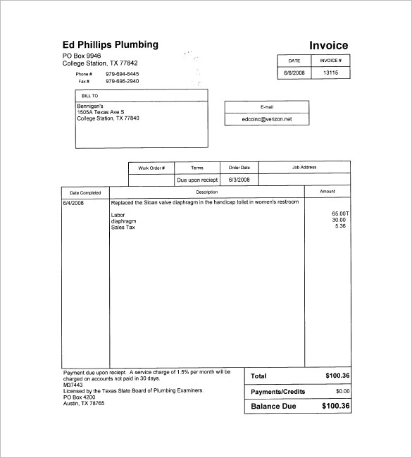 blank plumbing invoice