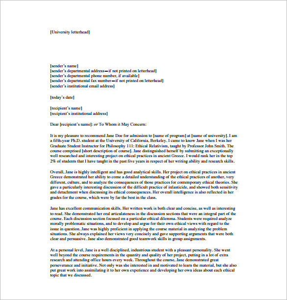 personal recommendation letter for graduate school free pdf