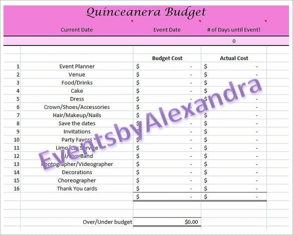 quinceanera budget spreadsheet sample download