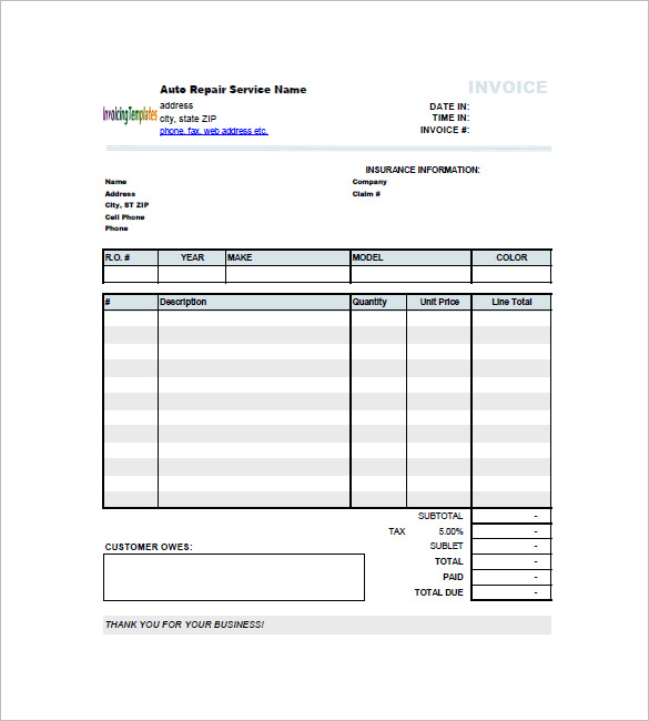 auto repair invoice template