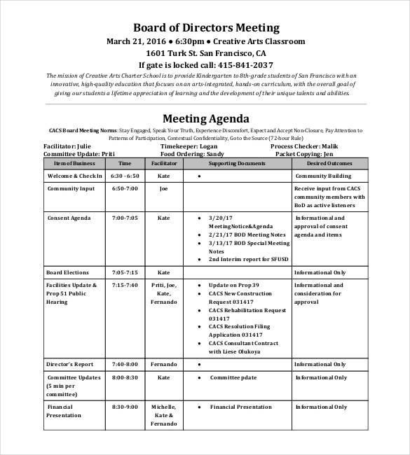 board of directors meeting agenda