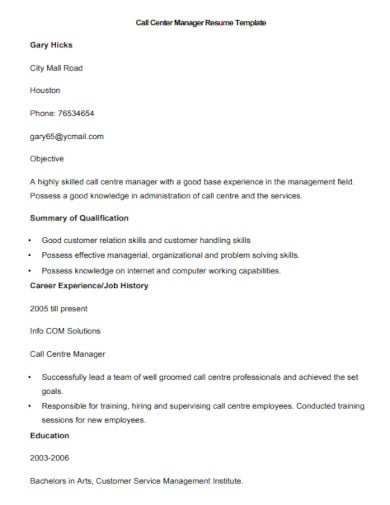 call center manger resume format