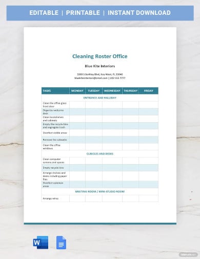 cleaning roster template for office