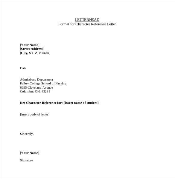 format for character reference letterhead