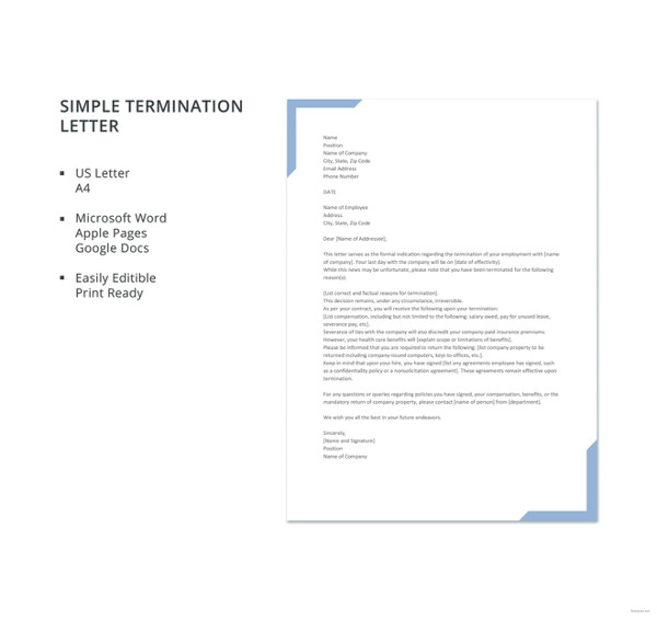 free simple termination letter template