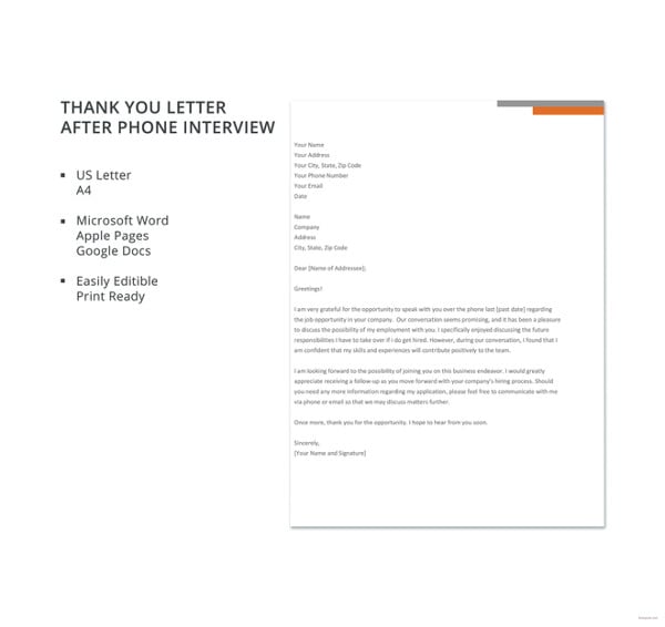 free thank you letter after phone interview template