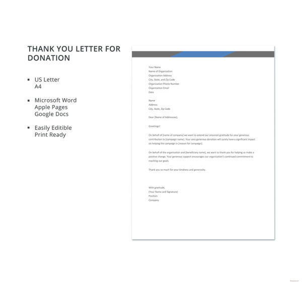 free thank you letter for donation template