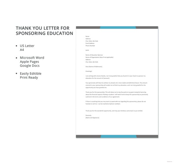 free thank you letter for sponsoring education template