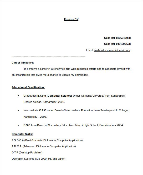 fresher cv template