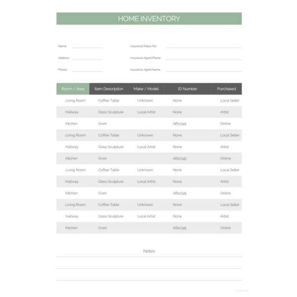 home inventory sheet template