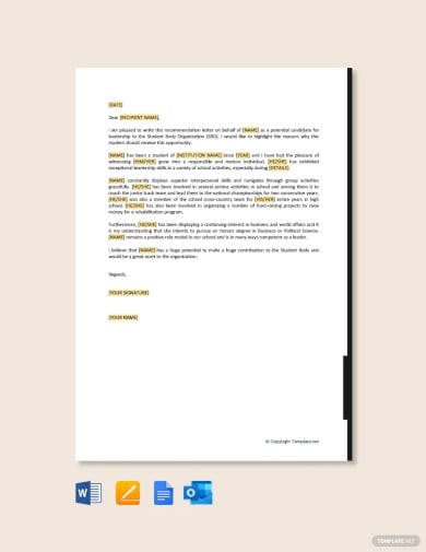 leadership recommendation letter for student template