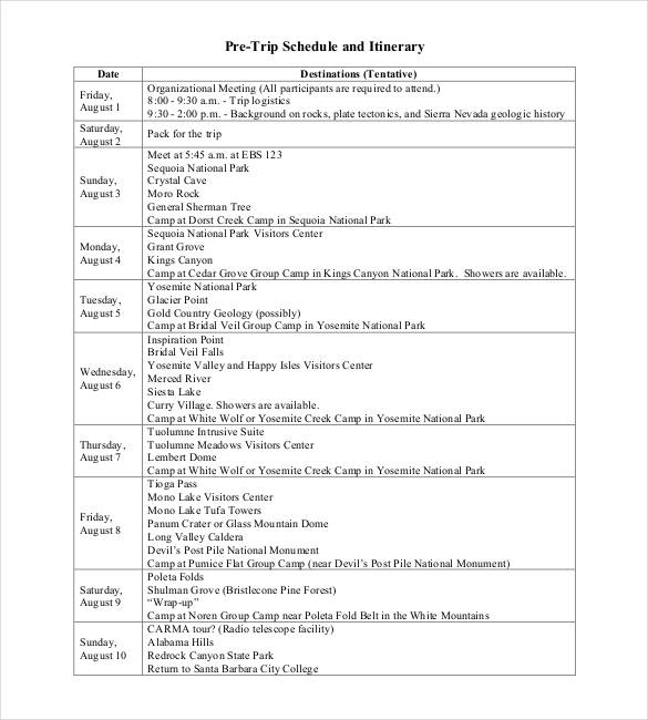 pre trip schedule and itinerary