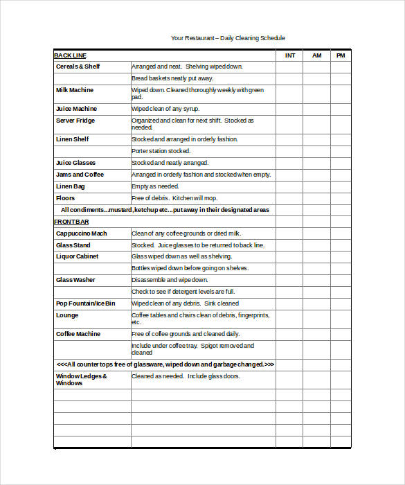 restaurant daily cleaning schedule template free word doc