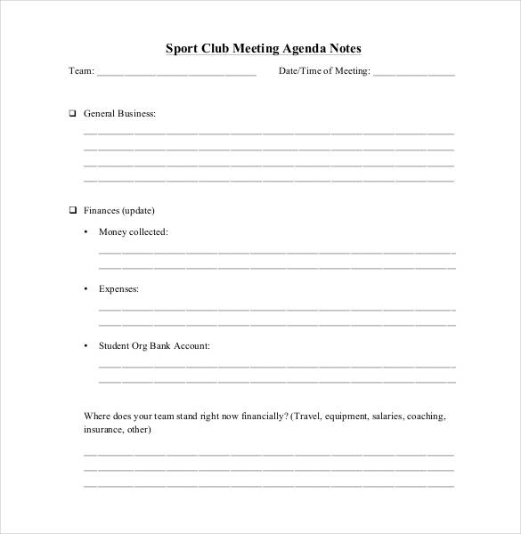 sport club meeting agenda notes