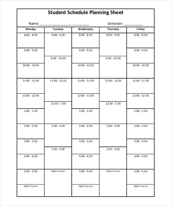 student schedule planning sheet