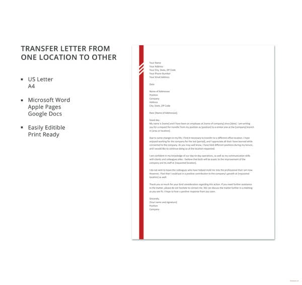 transfer letter from one location to other template
