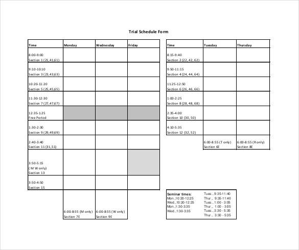 trial schedule form