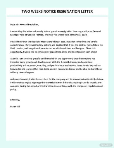two weeks notice letter template