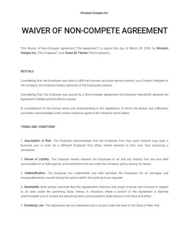 waiver of non compete agreement template