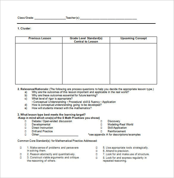 common core math lesson plan free word download